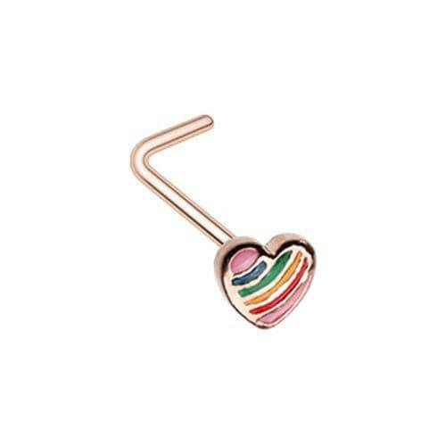 Rose Gold Power of Love Rainbow Heart L-Shape Nose Ring Nose Ring Impulse Piercings 20 gauge (0.8mm)