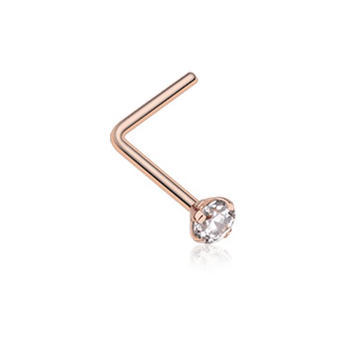 Rose Gold Prong Set Gem Top L-Shaped Steel Nose Ring Nose Ring Impulse Piercings 20 GA (0.8mm) 3/32" (2mm)