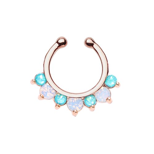 Rose Gold Prong White Opal Gem Precia Fake Septum Clip-On Ring Fake Septum Ring Impulse Piercings Teal/White