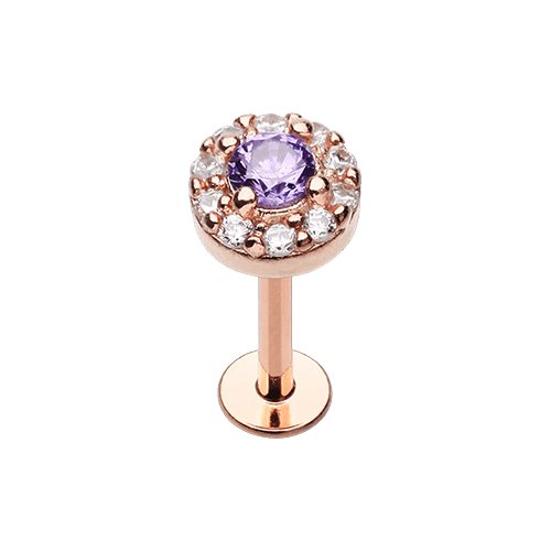 Rose Gold Round Embellished CZ Ornate Top Steel Labret Labret Impulse Piercings