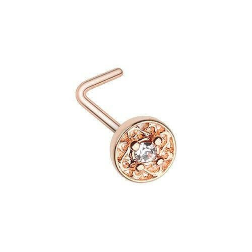 Rose Gold Round Ornate CZ Gem L-Shape Nose Ring Nose Ring Impulse Piercings