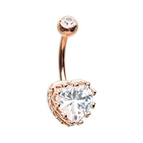 Rose Gold Sacred Heart Crown Cubic Zirconia Belly Button Ring Navel Ring Impulse Piercings Clear