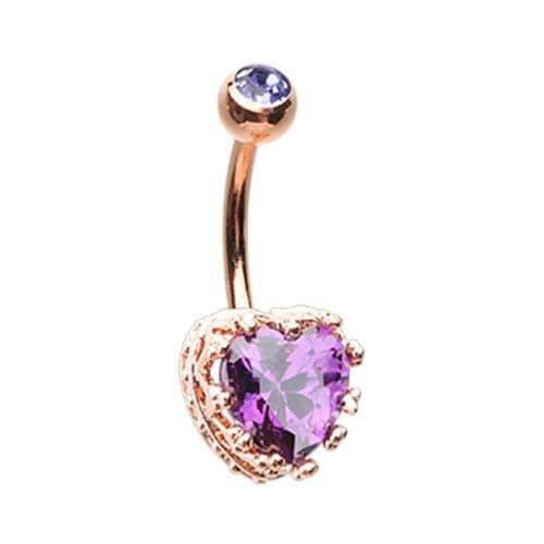 Rose Gold Sacred Heart Crown Cubic Zirconia Belly Button Ring Navel Ring Impulse Piercings Purple