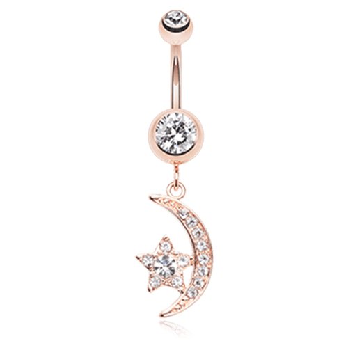 Rose Gold Shining Star & Moon Belly Button Ring Navel Ring Impulse Piercings