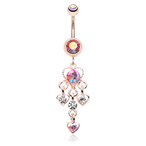 Rose Gold Sparkle Multi Heart Belly Button Ring Navel Ring Impulse Piercings Pink/Aurora Borealis