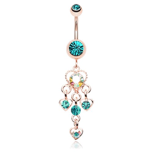 Rose Gold Sparkle Multi Heart Belly Button Ring Navel Ring Impulse Piercings Teal