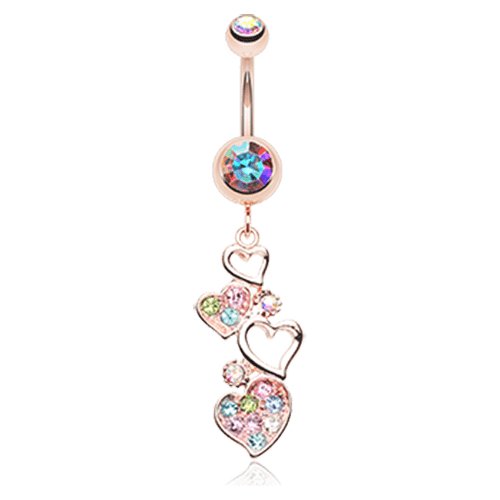 Rose Gold Sparkling Heart Cluster Belly Button Ring Navel Ring Impulse Piercings