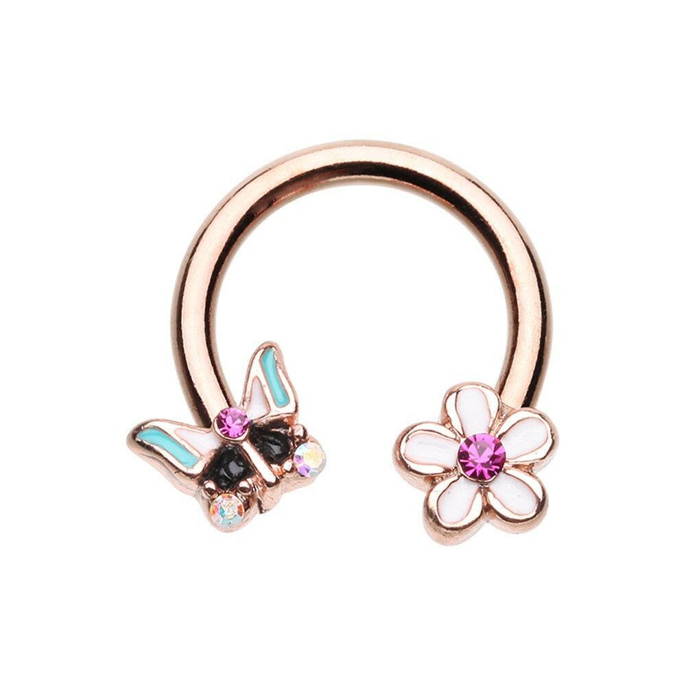 Rose Gold Spring Butterfly Flower Horseshoe Circular Barbell Circular Barbell Impulse Piercings 16 GA (1.2mm)