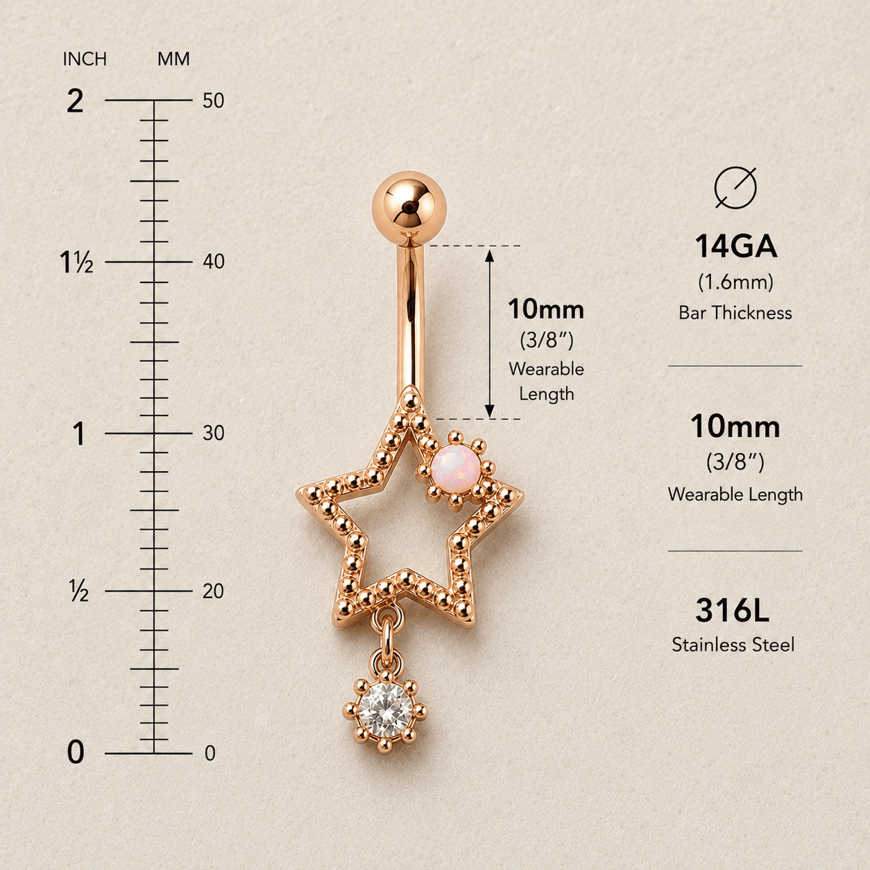 Rose gold star drop navel ring size chart, 14GA 1.6mm bar thickness 10mm wearable length, 316L stainless steel measurements