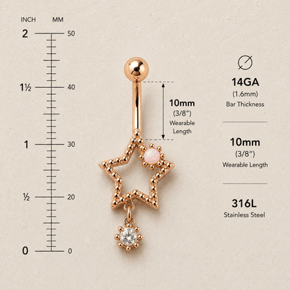 Rose gold star drop navel ring size chart, 14GA 1.6mm bar thickness 10mm wearable length, 316L stainless steel measurements