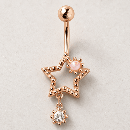 Rose gold star drop navel ring 14G, white synthetic opal large star dangling CZ star, 316L stainless steel belly ring