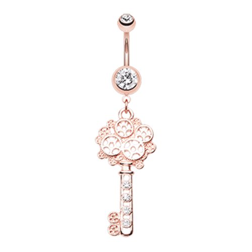 Rose Gold Steampunk Sparkle Key Belly Button Ring Navel Ring Impulse Piercings