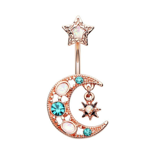 Rose Gold Stellar Opal Moon Star Belly Button Ring Navel Ring Impulse Piercings