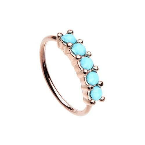 Rose Gold Turquoise Seamless Prong set 5 Gem Bendable Nose Hoop Nose Ring Impulse Piercings 20 gauge (0.8mm) 5/16" (8mm) Turquoise