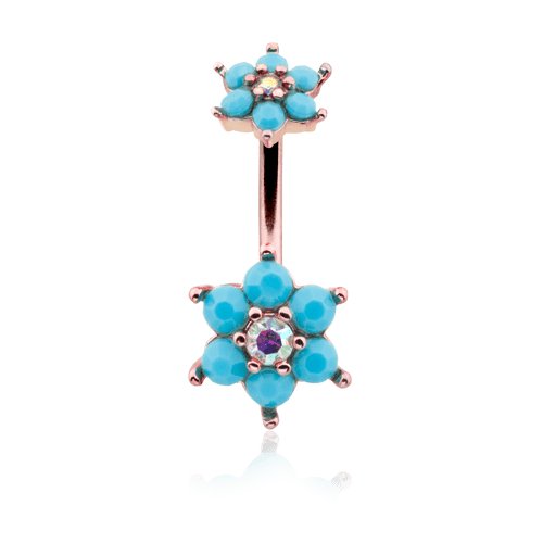 Rose Gold Turquoise Spring Flower Sparkle Prong Set Belly Button Ring Navel Ring Impulse Piercings