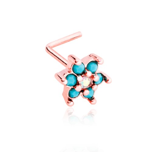 Rose Gold Turquoise Spring Flower Sparkle Prong Set L-Shaped Nose Ring Nose Ring Impulse Piercings