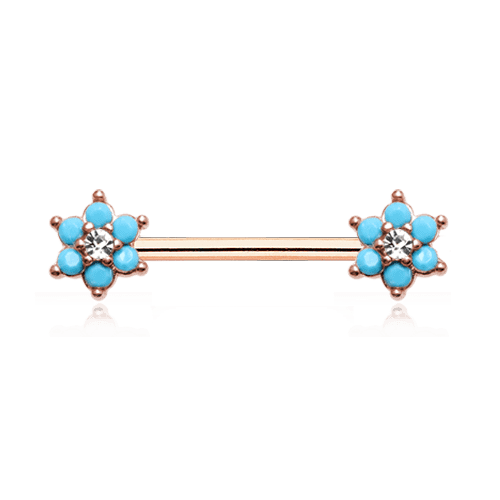 Rose Gold Turquoise Spring Flower Sparkle Prong Set Nipple Barbell Ring Nipple Ring Impulse Piercings