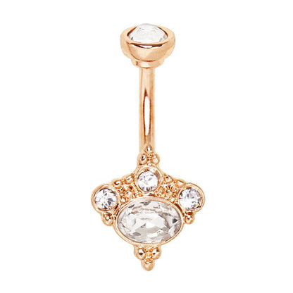 Rose gold Victorian navel ring on white background, 14G clear CZ belly button ring, gold plated stainless steel