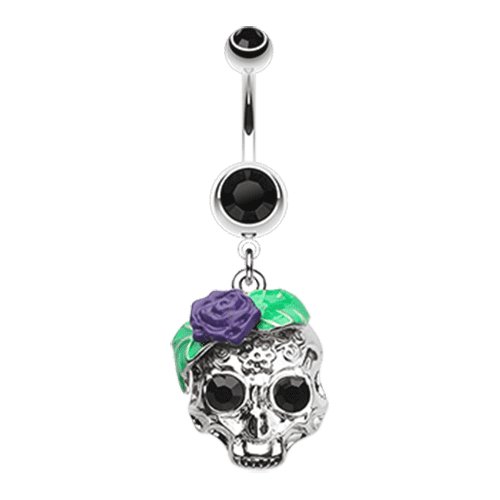 Rose Ornate Sugar Skull Belly Button Ring Navel Ring Impulse Piercings 14 gauge (1.6mm) Black