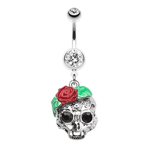 Rose Ornate Sugar Skull Belly Button Ring Navel Ring Impulse Piercings 14 gauge (1.6mm) Clear