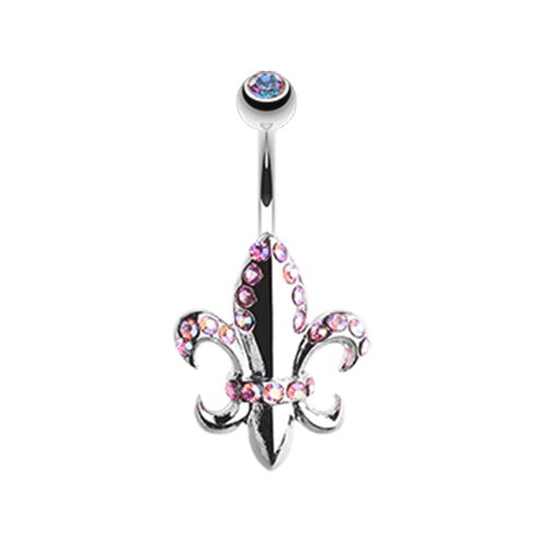 Royal Fleur De Lis Belly Button Ring Navel Ring Impulse Piercings 14 gauge (1.6mm) Pink/Aurora Borealis