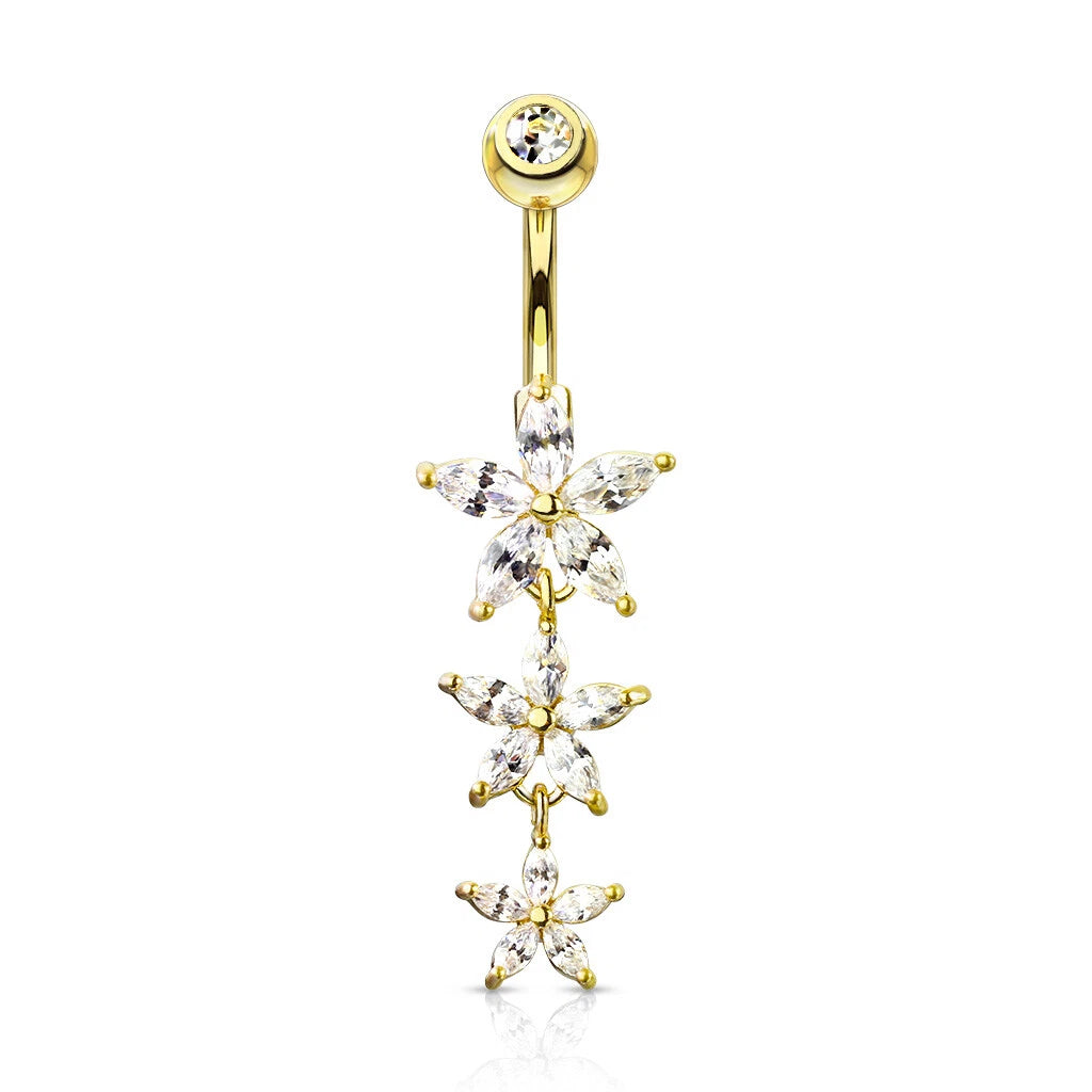 Triple Marquise CZ Flowers Dangle with Gemmed Top Surgical Steel Belly Button Navel Rings Belly Button Ring Skin Metals
