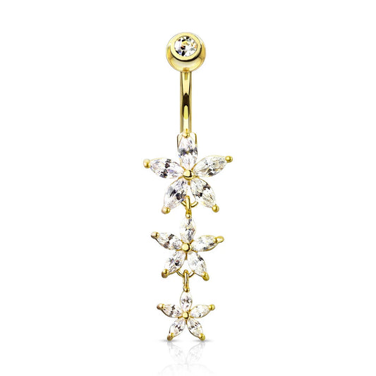 Triple Marquise CZ Flowers Dangle with Gemmed Top Surgical Steel Belly Button Navel Rings Belly Button Ring Skin Metals