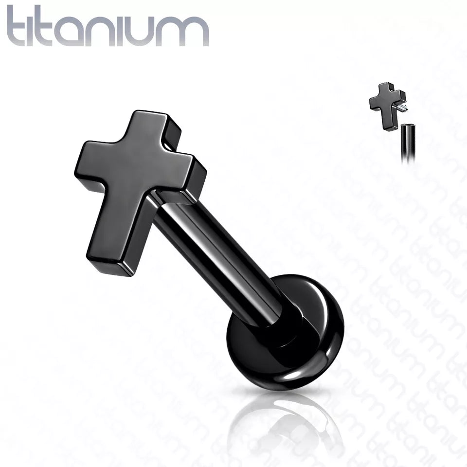 Implant Grade Titanium Internally Threaded Cross Top Labret Stud Labret Impulse Piercings 1/4" (6mm) Black