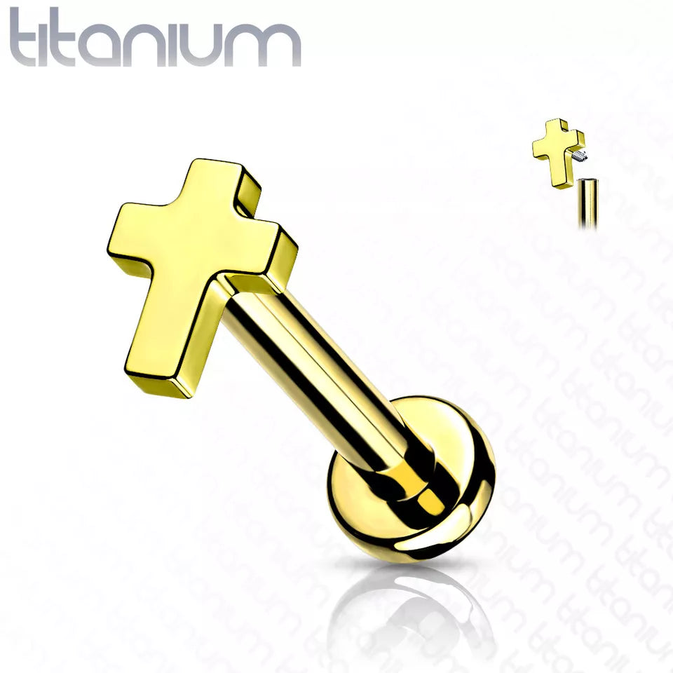 Implant Grade Titanium Internally Threaded Cross Top Labret Stud Labret Impulse Piercings 1/4" (6mm) Gold