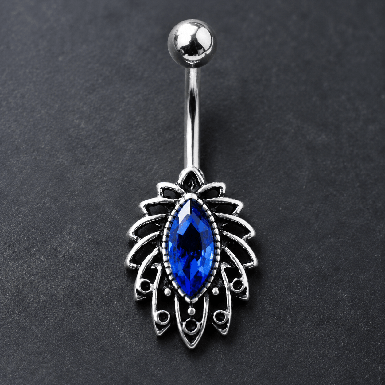 Stainless Steel Tropical Leaf with Sapphire Blue CZ Navel Ring - Skin Metals