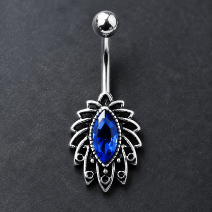 Stainless Steel Tropical Leaf with Sapphire Blue CZ Navel Ring - Skin Metals