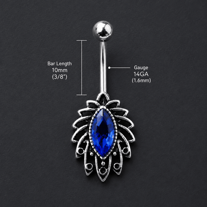 Stainless Steel Tropical Leaf with Sapphire Blue CZ Navel Ring - Skin Metals