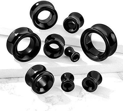 Semi Precious Black Agate Stone Double Flared Saddle Tunnel Plugs Impulse Piercings