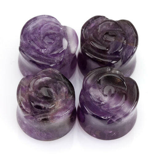 Semi Precious Stone Amethyst Rose Carved Single Side Double Flared Plugs Plugs Impulse Piercings