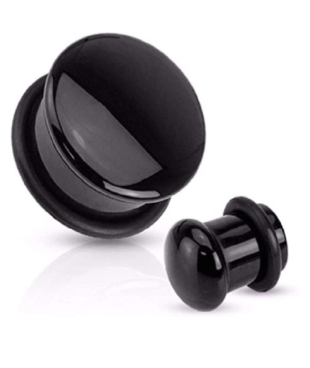 Semi Precious Stone Black Agate Domed Single Flare Plug with O-Ring Plugs Impulse Piercings 6GA (4mm)