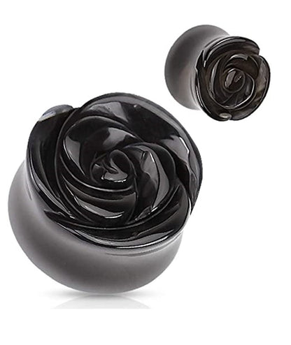 Semi Precious Stone Black Agate Rose Carved on Single Side Double Flared Plugs Plugs Impulse Piercings 2GA (6mm)