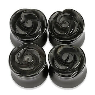 Semi Precious Stone Black Agate Rose Carved on Single Side Double Flared Plugs Plugs Impulse Piercings