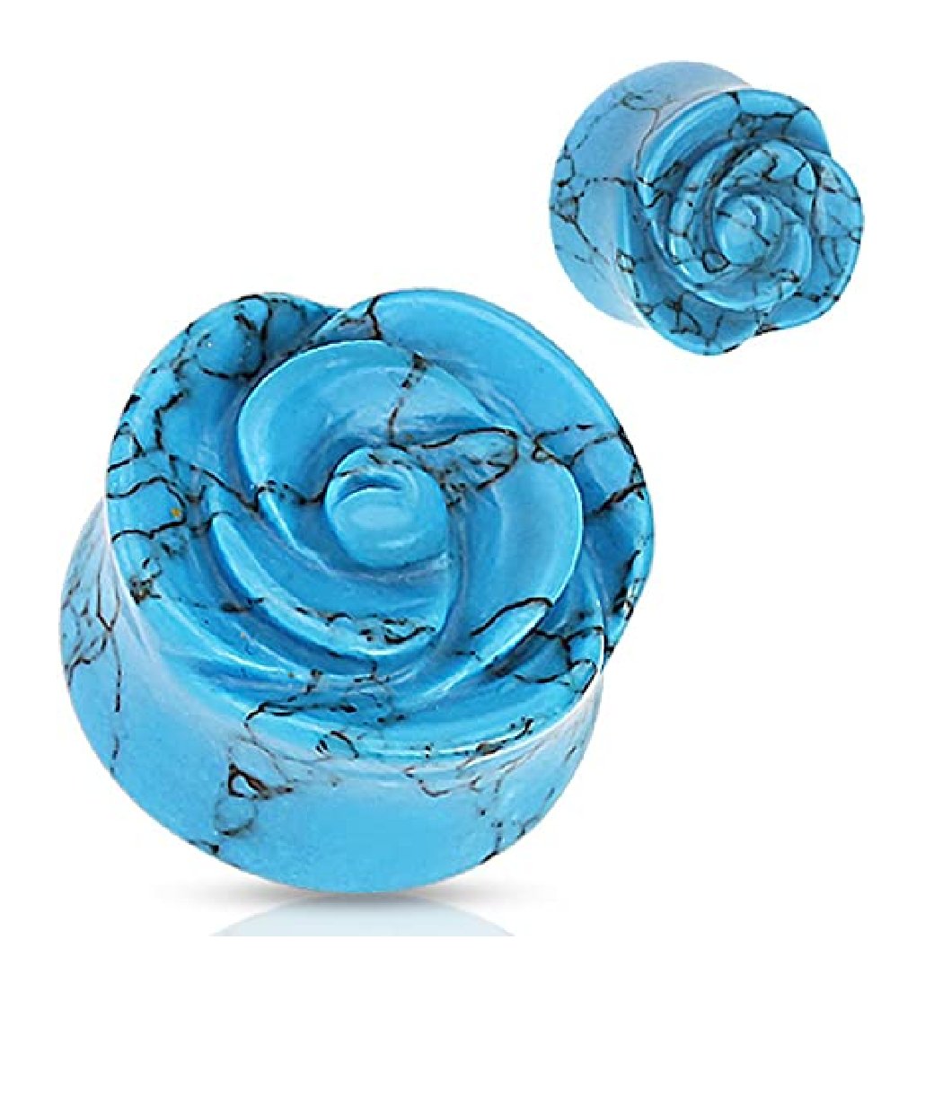 Semi Precious Stone Blue Turquoise Rose Carved on Single Side Double Flared Plugs Plugs Impulse Piercings 2GA (6mm)