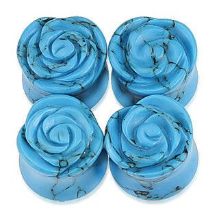 Semi Precious Stone Blue Turquoise Rose Carved on Single Side Double Flared Plugs Plugs Impulse Piercings