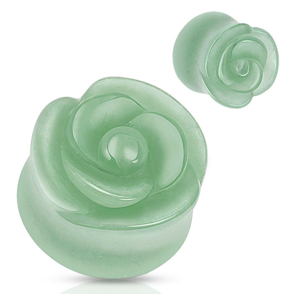 Semi Precious Stone Green Aventurine Rose Carved on Single Side Double Flared Plugs Plugs Impulse Piercings 2GA (6mm)