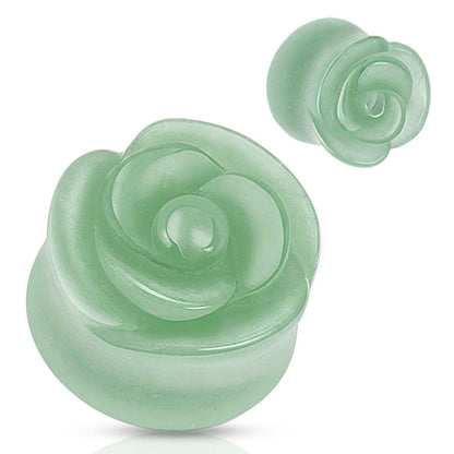 Semi Precious Stone Green Aventurine Rose Carved on Single Side Double Flared Plugs Plugs Impulse Piercings 2GA (6mm)