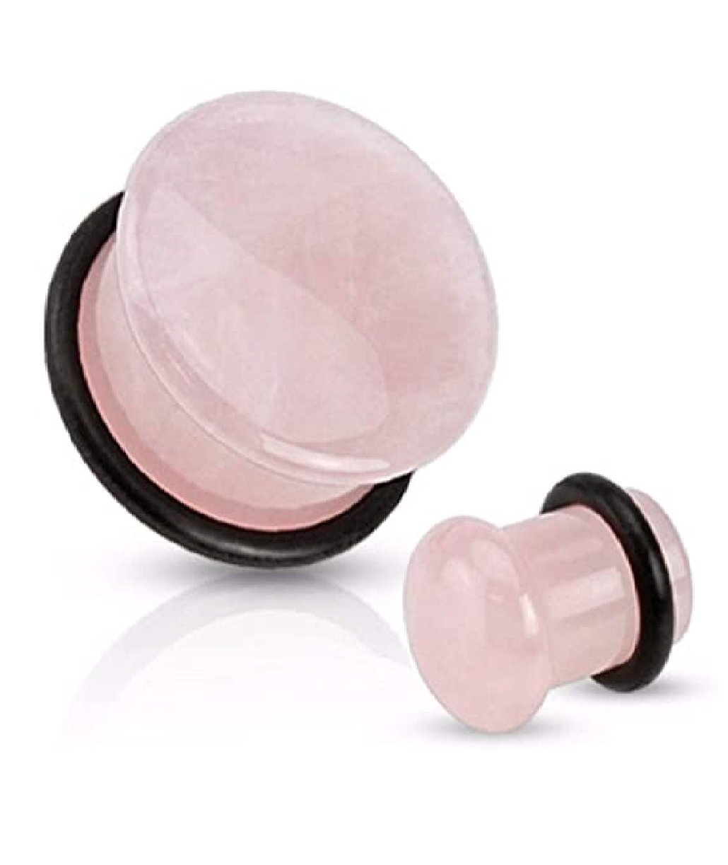 Semi Precious Stone Rose Quartz Domed Single Flare Plug with O-Ring Plugs Impulse Piercings 6GA (4mm)