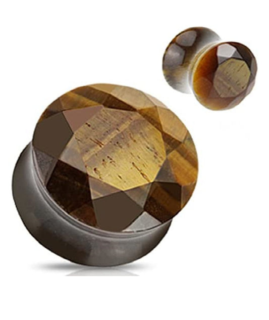 Semi Precious Stone Tiger Eye Faceted Gem Cut Double Flared Plugs Plugs Impulse Piercings 00GA (10mm)