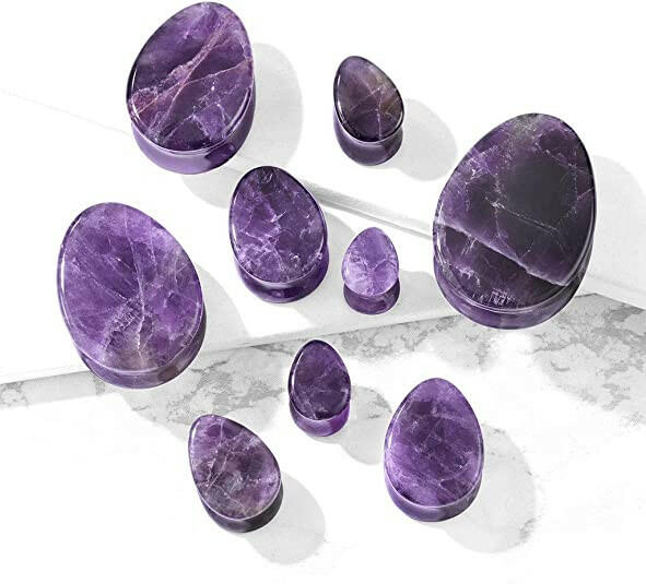 Semi Precious Tear Drop Amethyst Stone Double Flared Saddle Plugs Plugs Impulse Piercings