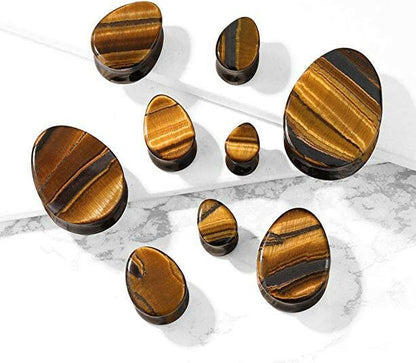 Semi Precious Tear Drop Tiger Eye Stone Double Flared Saddle Plugs Plugs Impulse Piercings