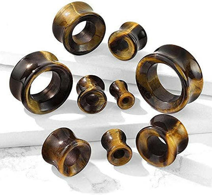 Semi Precious Tiger Eye Stone Double Flared Saddle Tunnel Plugs Impulse Piercings