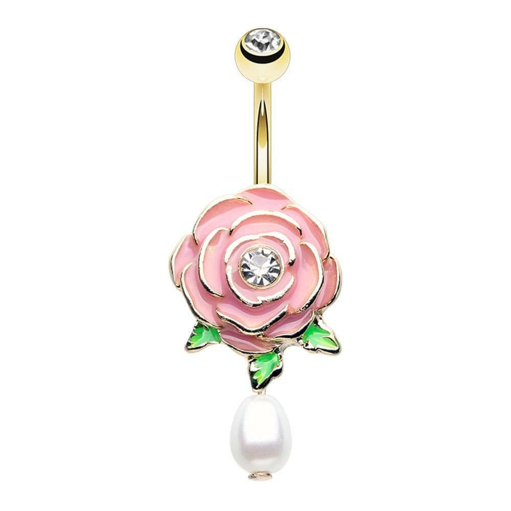 Shabby Chic Pink Rose Pearl Drop Flower Belly Button Ring Navel Ring Impulse Piercings