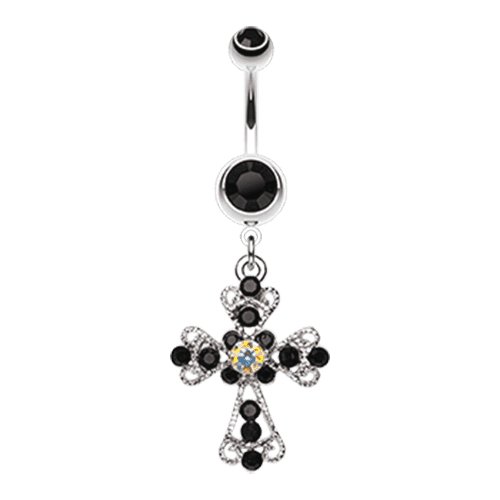 Shimmering Cross Patonce Belly Button Ring Navel Ring Impulse Piercings Black