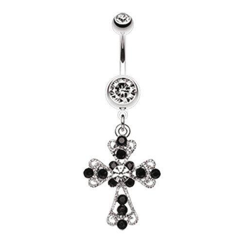 Shimmering Cross Patonce Belly Button Ring Navel Ring Impulse Piercings Clear/Black