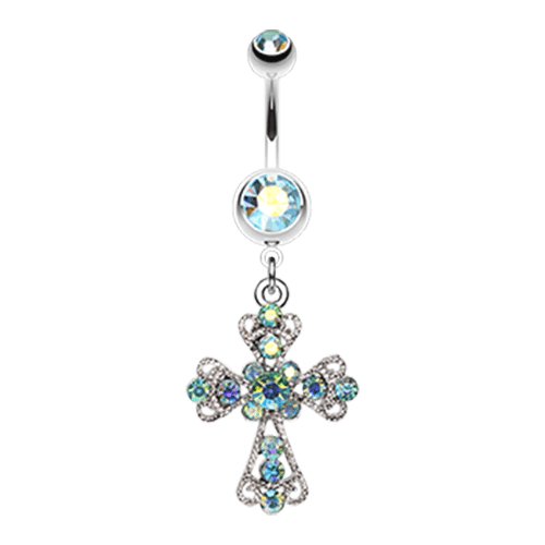 Shimmering Cross Patonce Belly Button Ring Navel Ring Impulse Piercings Aqua/Aurora Borealis